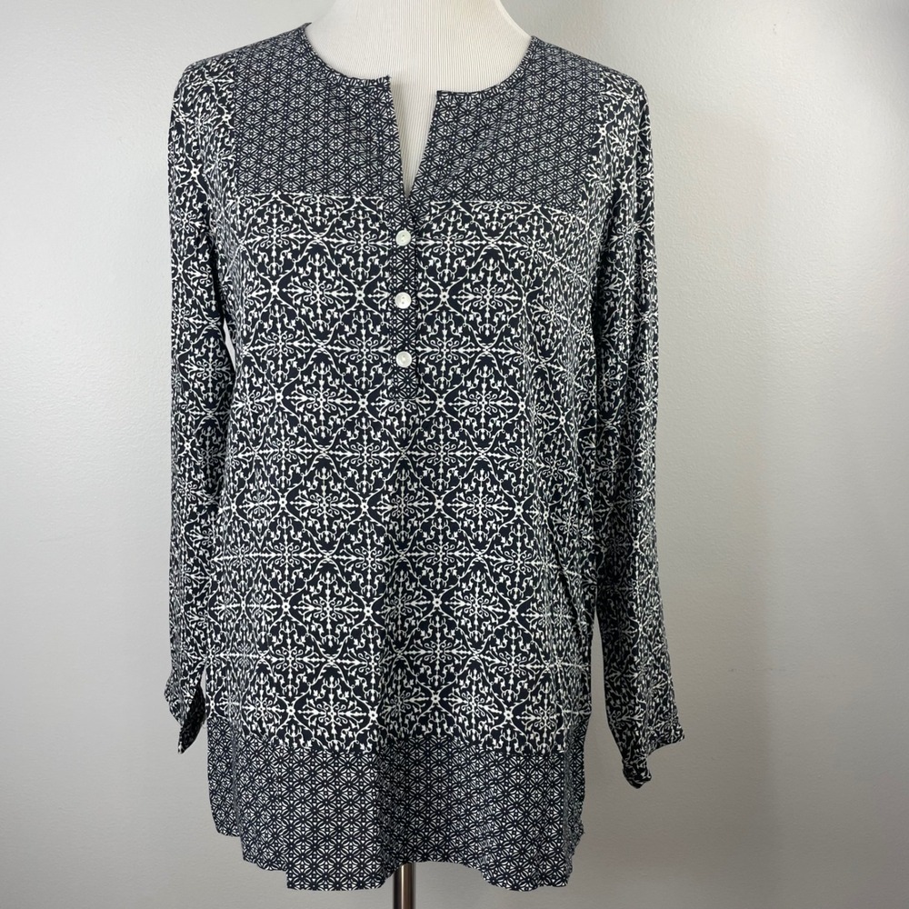 J. Jill Womens Black White Medallion Print Tunic Blouse Modal Viscose Small